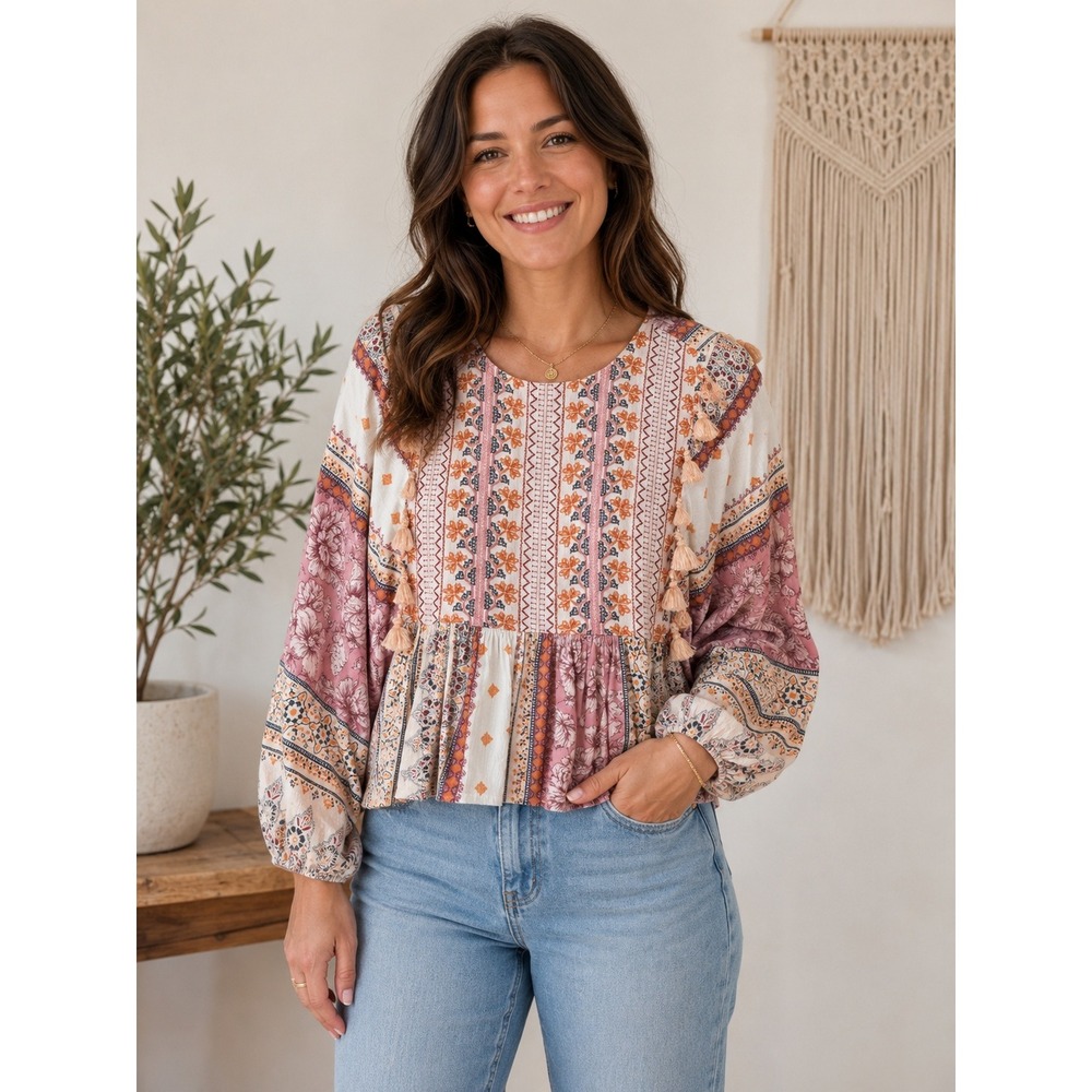 American Eagle Peasant Top Womens Medium Pink Boho Tassel Patchwork Floral Blous